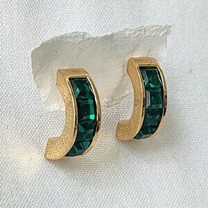 Roman RMN‎ Art Deco Vintage Gold Tone Emerald Green Crystal Half Hoop Earrings